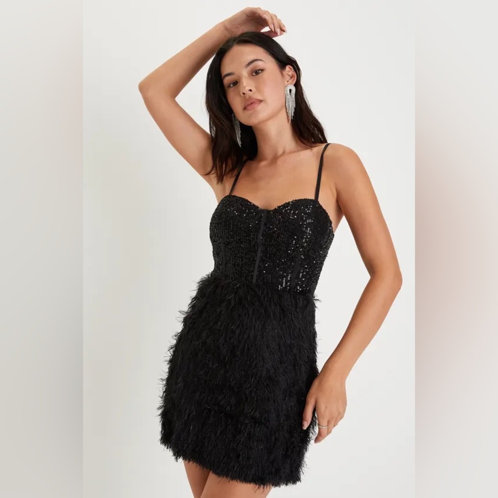 ✨ NWT Lulus Black Sequin Feather Bustier Mini Dress Vegas Glam Mob Bachelorette